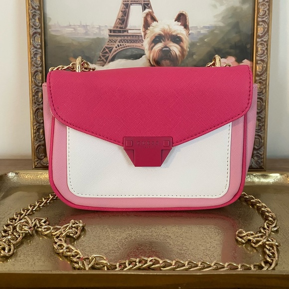 Guess Handbags - Guess Pink and White Crossbody Bag with Gold Chain